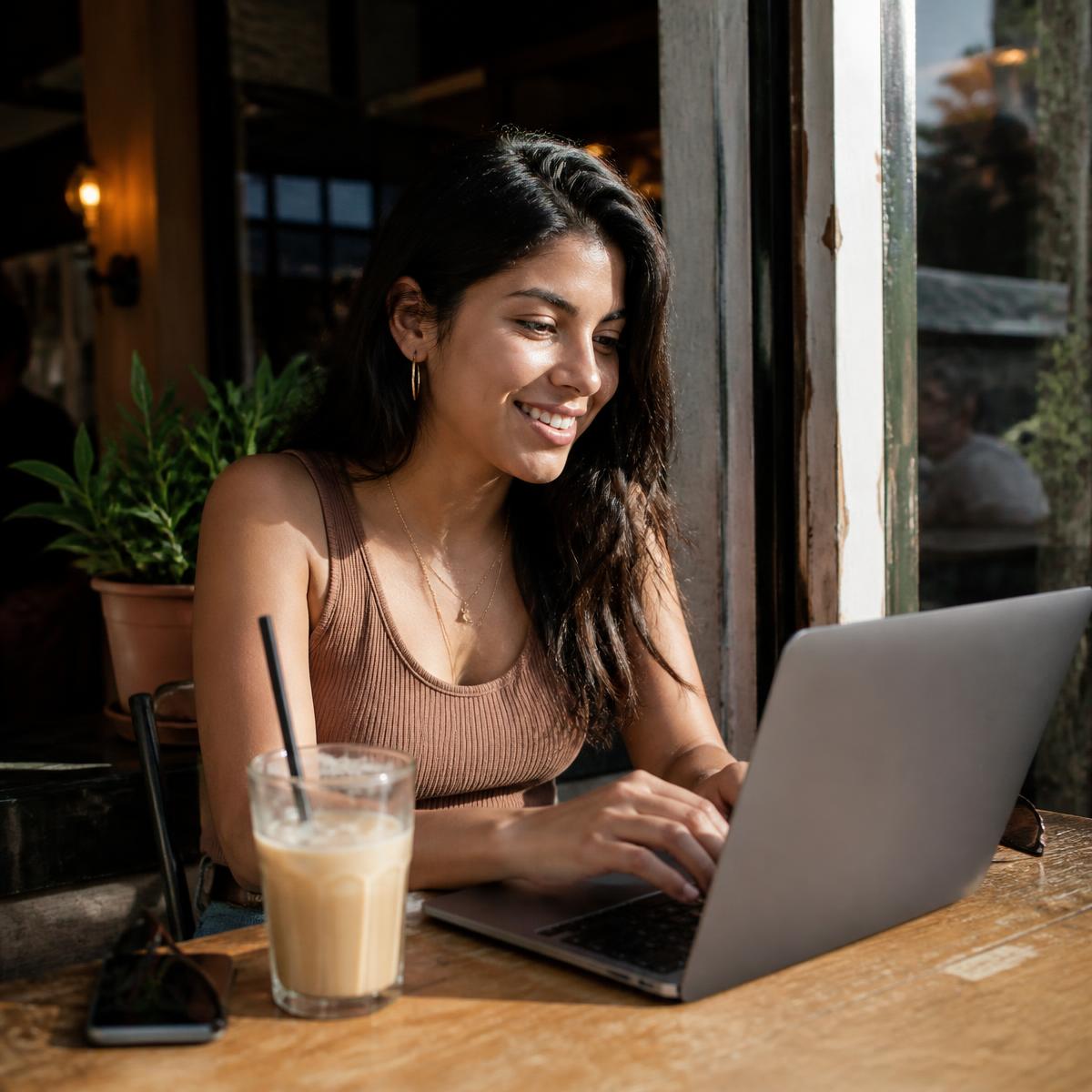 Freelancer smiling while working on a laptop at a cafe